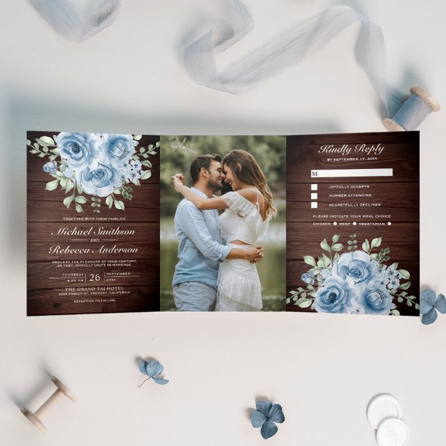 Invitación Tríptica Rústico Rosas azul turbulento foto Boda de madera  (Subido por el creador)