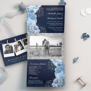 Invitación Tríptica Rústico Rosas azules  Boda de la Marina de Fotos F