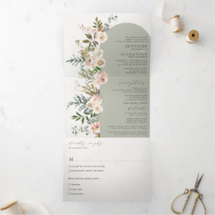 Invitación Tríptica Rústico salvia floral en un triple Boda