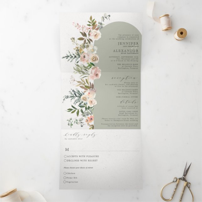Invitación Tríptica Rústico salvia floral todo en un triple Boda (Interior)