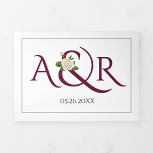 Invitación Tríptica Rutas rojas de Borgoña y ampersand, boda rosa