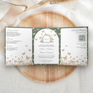 Invitación Tríptica Sage Green Beige Wildflower Butterfly Arch Boda