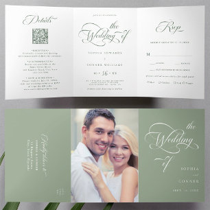 Invitación Tríptica Sage Green Elegant Charm Script Boda