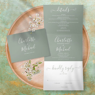 Invitación Tríptica Sage Green Elegant Modern Script Photo Boda