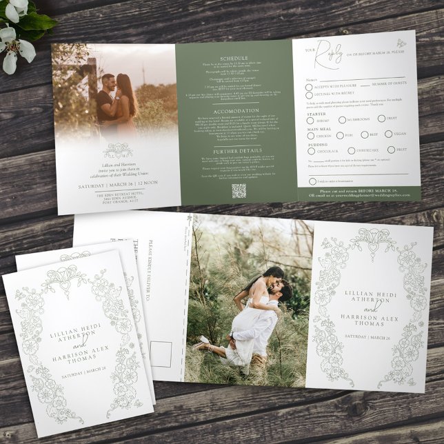 Invitación Tríptica Sage green fleur de lis boda opción RSVP (Subido por el creador)
