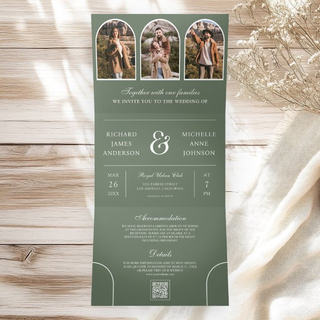 Invitación Tríptica Sage Green Minimal Arch Photo QR code Wedding (Subido por el creador)