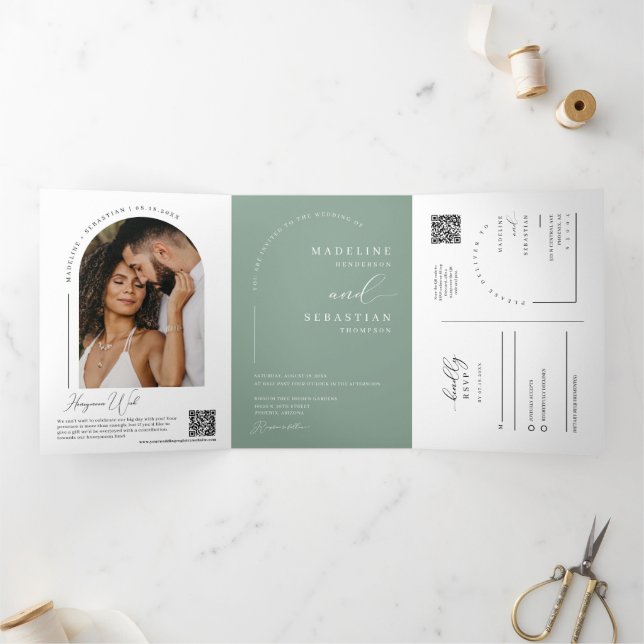 Invitación Tríptica Sage Green Modern Boho Arch Photo QR Code Boda (Interior)