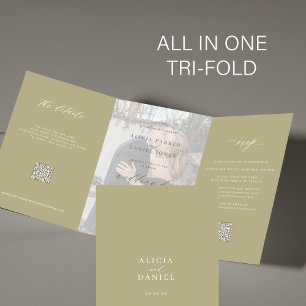 Invitación Tríptica Sage green photo Wedding RSVP detalles código QR