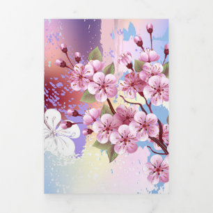 Invitación Tríptica Sakura rosa sobre fondo de pintura