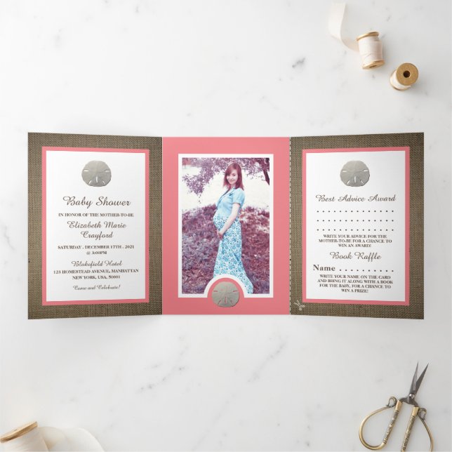 Invitación Tríptica Sand Dollars & Burlap, Beach Baby Shower Suite (Interior)