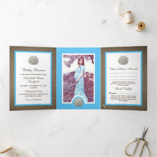 Invitación Tríptica Sand Dollars & Burlap, Beach Baby Shower Suite