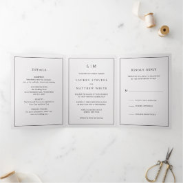 Invitación Tríptica Sencilla Boda Elegante en Monograma Gris Claro