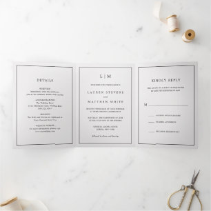 Invitación Tríptica Sencilla Boda Elegante en Monograma Gris Claro
