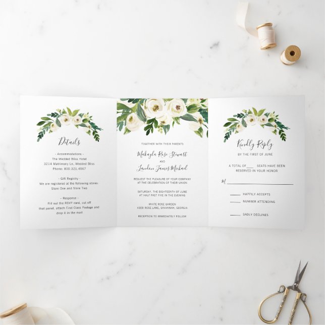 Invitación Tríptica Sencilla boda elegante floral blanca (Interior)