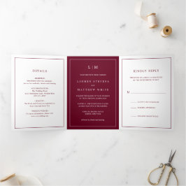 Invitación Tríptica Sencilla Boda Monograma Borgoña Elegante