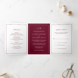 Invitación Tríptica Sencilla Boda Monograma Borgoña Elegante