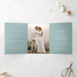 Invitación Tríptica Sencilla Foto Azul Silenciada Boda Elegante