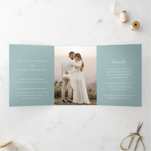 Invitación Tríptica Sencilla Foto Azul Silenciada Boda Elegante