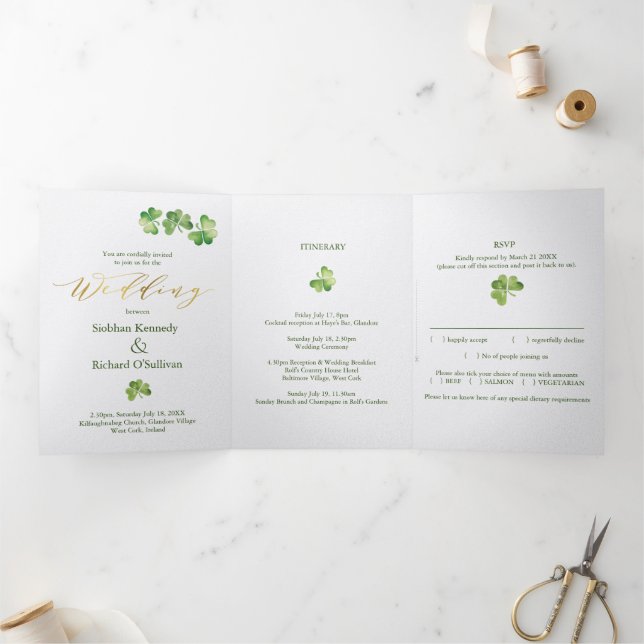 Invitación Tríptica Shamrock y Knot celta irlandeses, RSVP, Eco Boda (Interior)