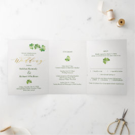 Invitación Tríptica Shamrock y Knot celta irlandeses, RSVP, Eco Boda