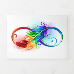 Invitación Tríptica Símbolo infinito con plumas arcoiris