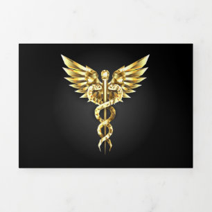 Invitación Tríptica Símbolo poligonal dorado Caduceo