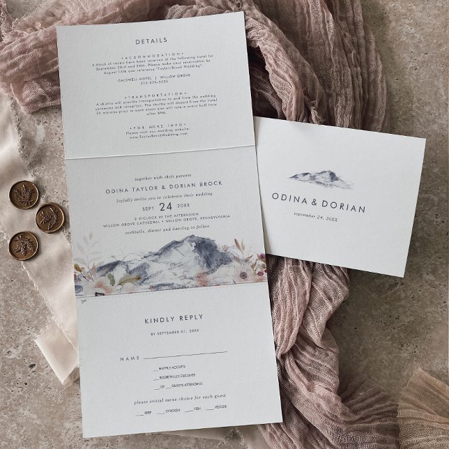 Invitación Tríptica Simple Boda de fotos de la montaña floral todo en  (Subido por el creador)