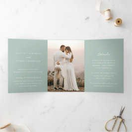 Invitación Tríptica Simple Boda Verde Silenciada Foto Elegante