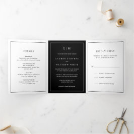 Invitación Tríptica Simple matrimonio elegante monograma negro