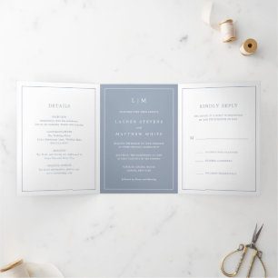 Invitación Tríptica Simple Monograma Azul Polvoriento Boda Elegante