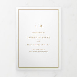 Invitación Tríptica Simple Monograma de Oro Antiguo Elegante Boda
