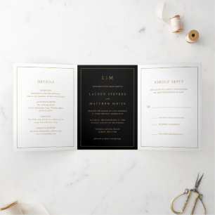 Invitación Tríptica Simple Monograma Negro y Dorado Elegante Boda