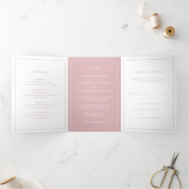 Invitación Tríptica Simple Monograma Rosa Claro Elegante Boda
