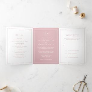 Invitación Tríptica Simple Monograma Rosa Claro Elegante Boda