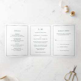 Invitación Tríptica Simple Monograma Verde Bosque Elegante Boda