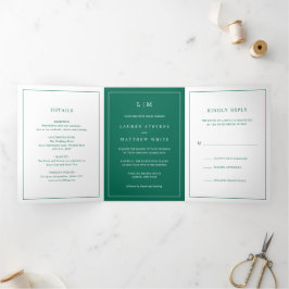 Invitación Tríptica Simple Monograma Verde Esmeralda Boda Elegante