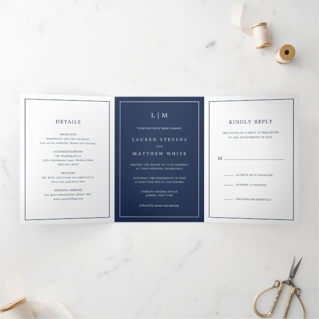 Invitación Tríptica Simple Navy Blue Monograma Elegante Boda (Interior)