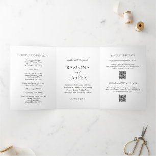 Invitación Tríptica Simple negro y blanco negrita Código QR Boda moder