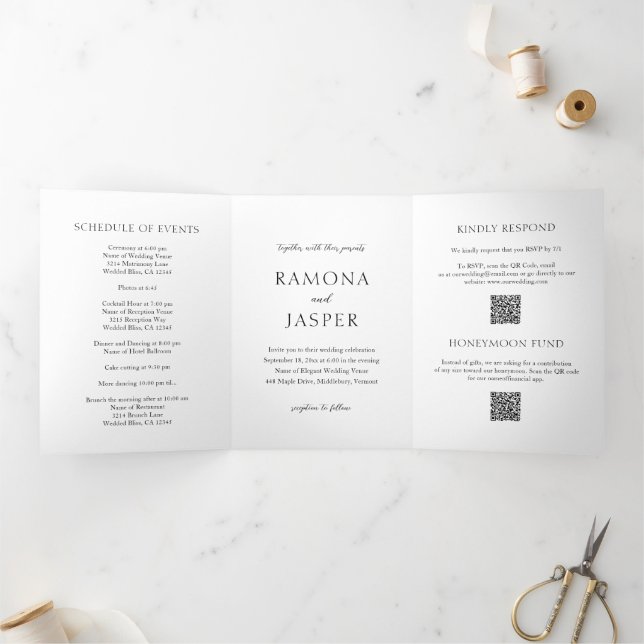Invitación Tríptica Simple negro y blanco negrita Código QR Boda moder (Interior)
