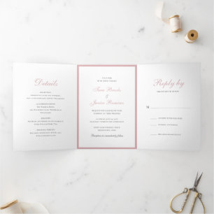 Invitación Tríptica Simple Rosa Polvo Rosa Elegante Boda