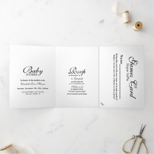 Invitación Tríptica Simple suite Baby Shower en blanco y negro