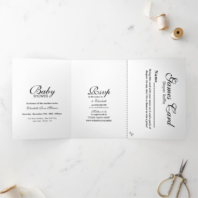 Invitación Tríptica Simple suite Baby Shower en blanco y negro (Interior)