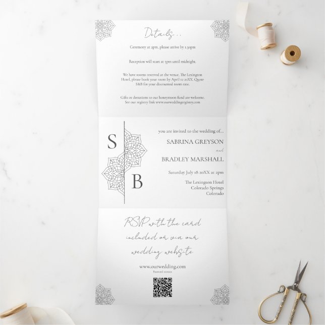 Invitación Tríptica Simple y moderno Boho Monograma Mandala Boda (Interior)