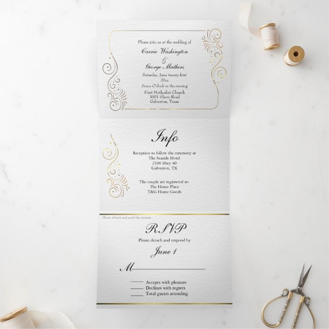 Invitación Tríptica Sofisticado y lujoso Boda de Gold Flourish (Interior)