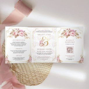 Invitación Tríptica Soñadora Flor de Rosa Suave Dorado Todo en Uno Bod