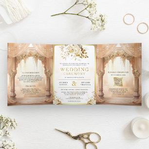 Invitación Tríptica Soñadora Mandap Floral Cremosa Boda Hindú India