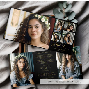 Invitación Tríptica Spanish Black Trendy Quinceañera Collage 7 Photos