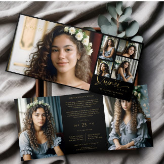 Invitación Tríptica Spanish Black Trendy Quinceañera Collage 7 Photos
