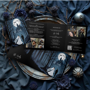 Invitación Tríptica Spooky Forest Haunted Castle Wedding 6-Photo