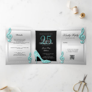 Invitación Tríptica Stiletto, foto, Código QR 25º cumpleaños sorpresa